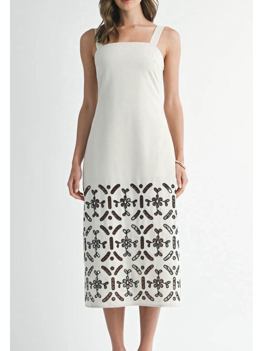 EB Luxe Los Angeles beige linen midi dress with black eyelet embroidery Size M
